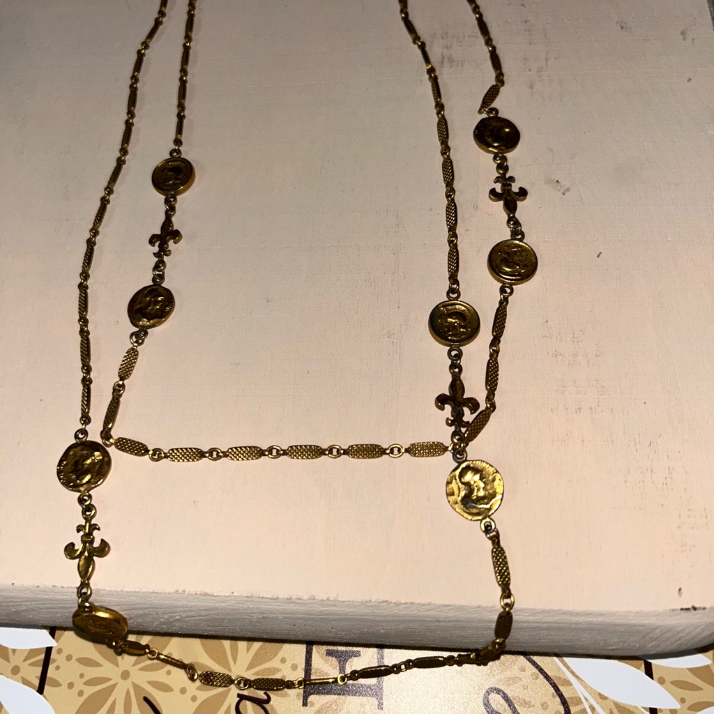 Vintage Signed Corocraft Gold Tone Coin And Fluer De Lis Charm Necklace